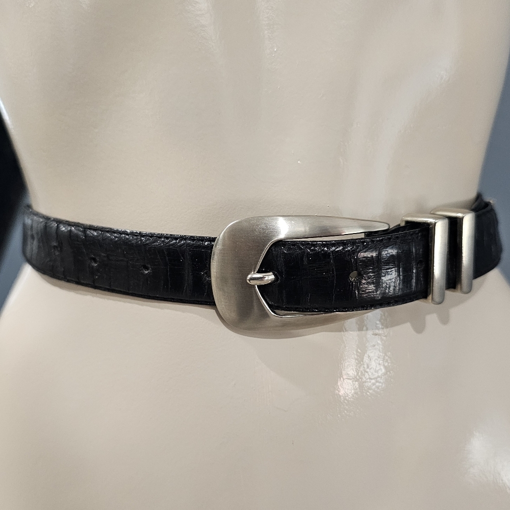 Vtg AMANDA SMITH Black Genuine Snakeskin 7/8" Silver Buckle Belt Waist 24-33"/L